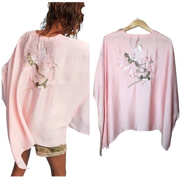 Anthropologie June Embroidered Floral & Cranes Pink Top One Size Flare Sleeves - Picture 2 of 14